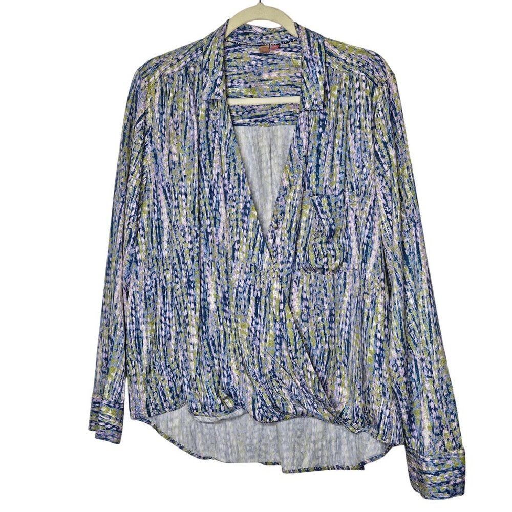 Pilcro Tisha Surplice Blouse XL Abstract  Blue Green Top‎ Anthropologie Career